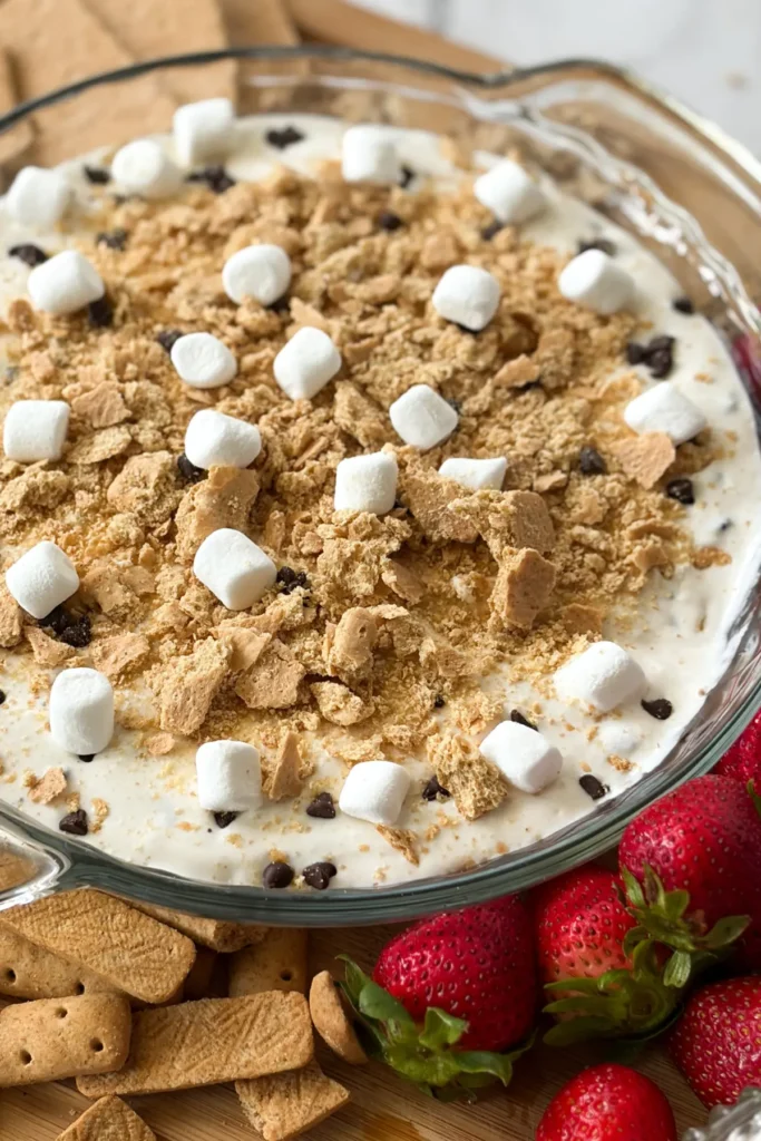 The cottage cheese s'mores dip on a dessert board surrunded by strawberries and graham crackers.