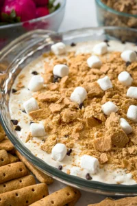 A side close-up of a fully assembled cottage cheese s'mores dip on a counter next to graham crackers and strawberries.