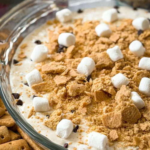 A side close-up of a fully assembled cottage cheese s'mores dip on a counter next to graham crackers and strawberries.