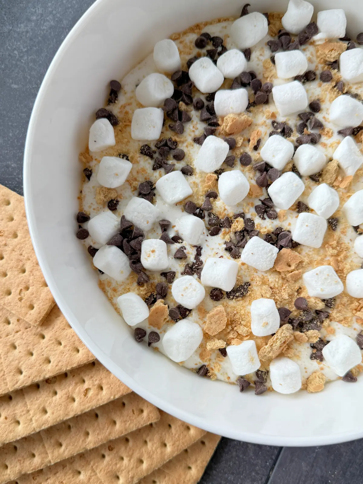 A close-up of a large bowl of s'mores dip next to graham cracker sheets.