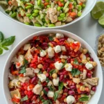 An Italian dense bean salad in a large white bowl next to an Asian-inspired dense bean salad in an oval white bowl on a counter.