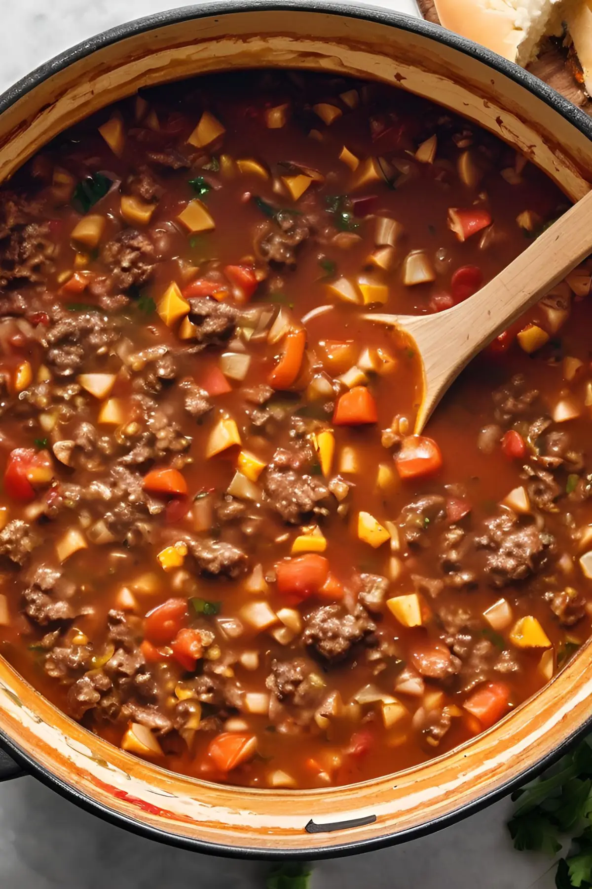 A birds-eye view of a large pot of hamburger soup on the stove with a wooden spoon in it.