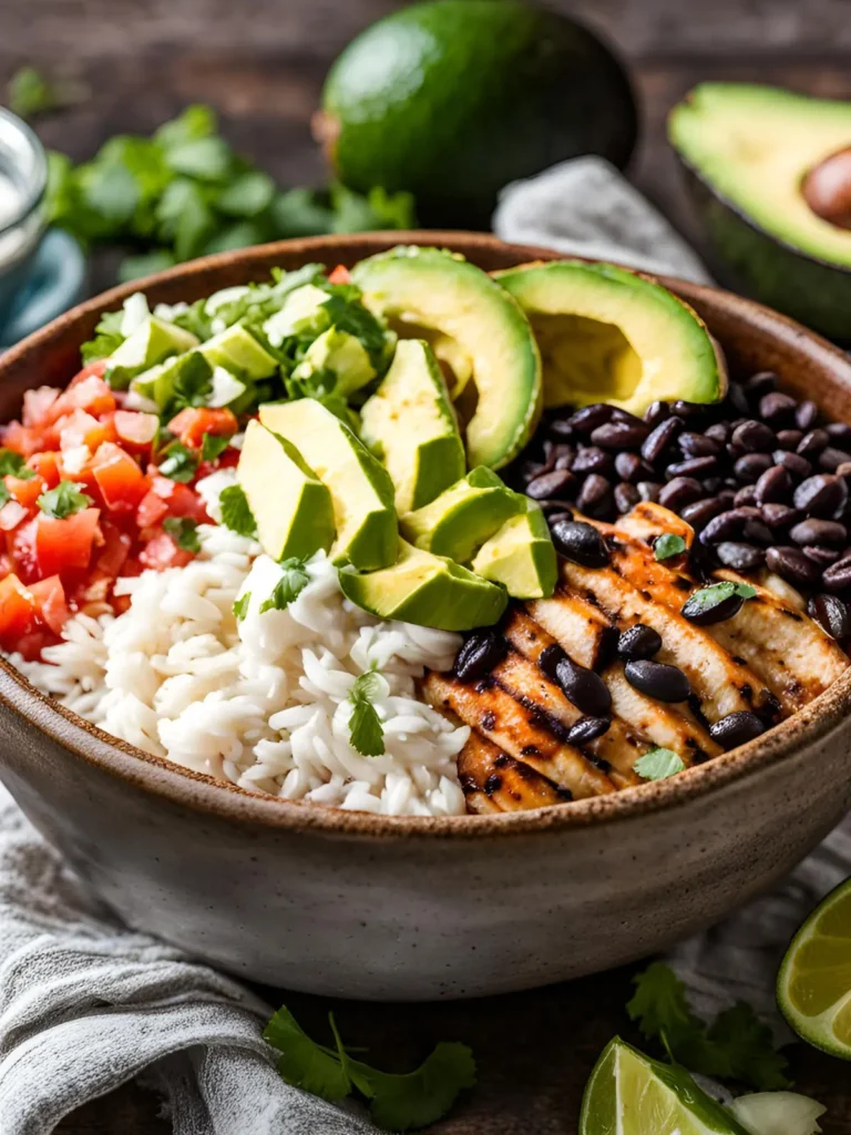 A grilled chicken burrito bowl with black beans and avocado slices on a table. 