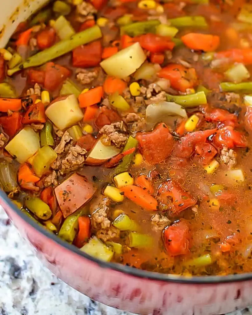 Easy hamburger stew in a large pot on a table.