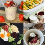 A collage of four different breakfast recipes high in protein and fiber.