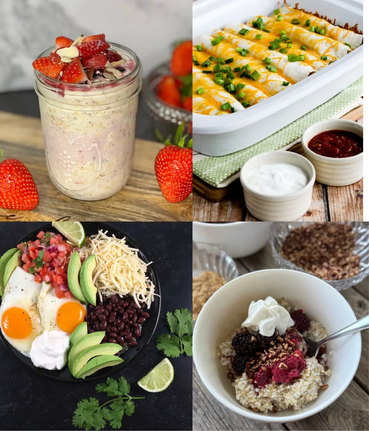 A collage of four different breakfast recipes high in protein and fiber.