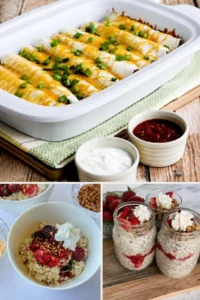 A collage of a pan of breakfast burritos, a breakfast quinoa bowl and berry cheesecake overnight oats.