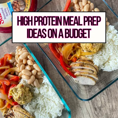 Two glass storage containers with high protein, budget-friendly meals: rice, beans, peppers, onions and a little bit of chicken.