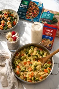 An easy Rice-A-Roni meal in pan next to the box, chia pudding, smoothies, and a frozen dinner on a counter in a white kitchen.