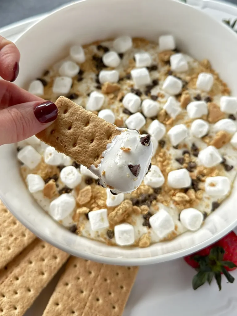 A close-up of someone holding a graham cracker dipped into the s'mores protein dip over a large bowl of dip.