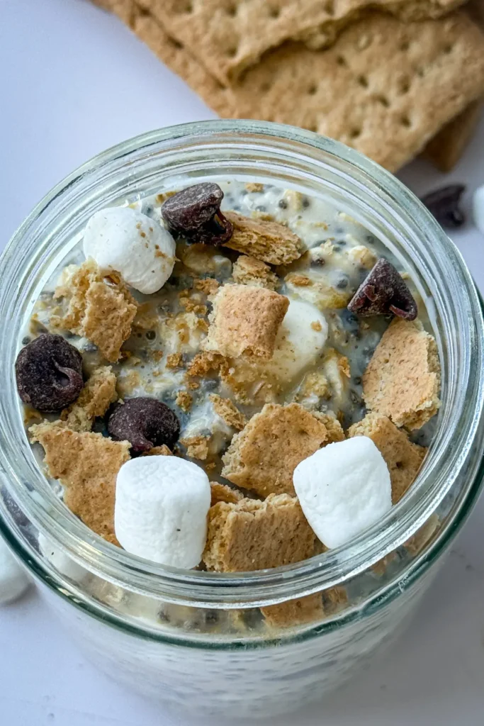A close-up of the top of the overnight oats with toppings on it.