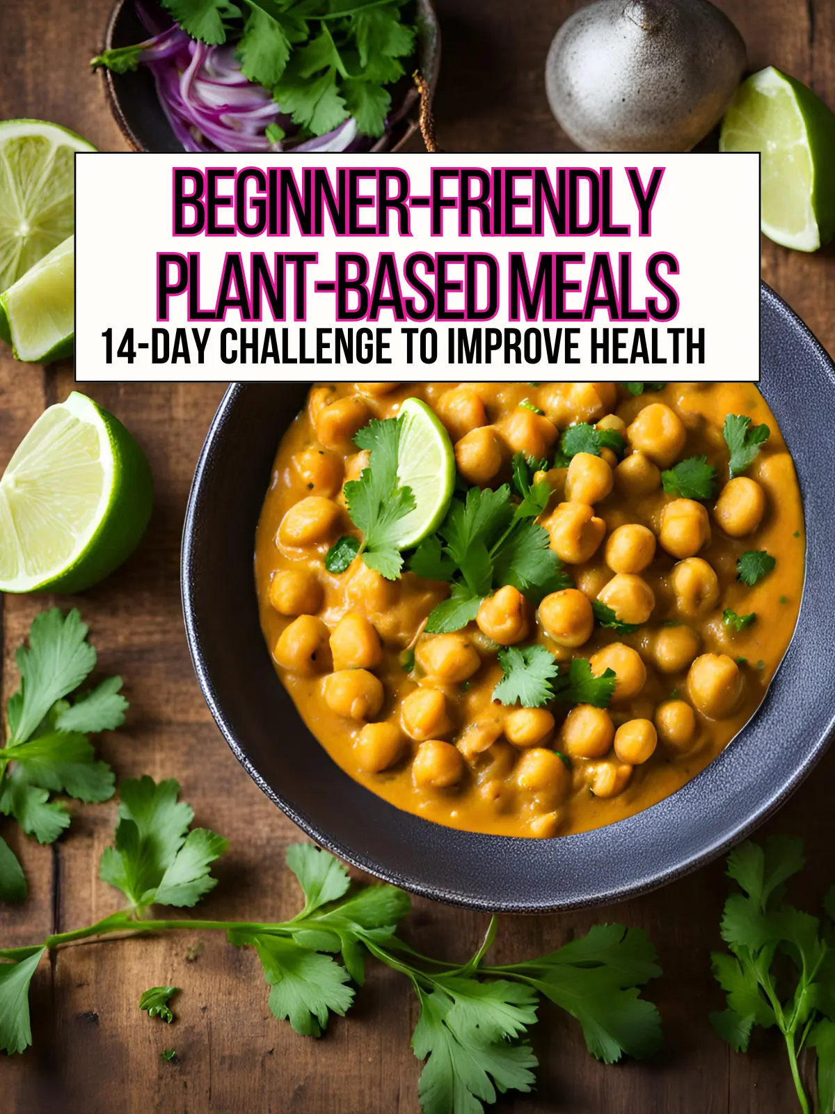 A large bowl of creamy chickpea curry on a table garnished with lime wedges and cilantro.