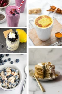 A collage of nutrient-dense breakfasts for brain health like blueberry overnight oats, turmeric coffee, smoothies and pancakes.