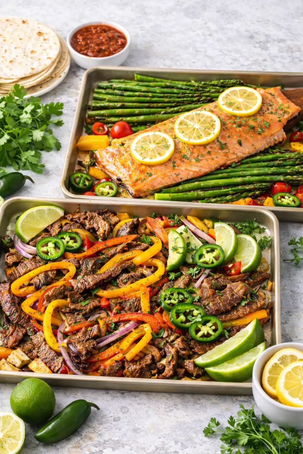 Two easy sheet pan dinners featuring salmon with asparagus and steak fajitas with peppers, onions, and lime served with tortillas.