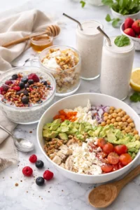 A smoothie, a power bowl, oatmeal, and an easy chia breakfast bowl on a counter in a kitchen.