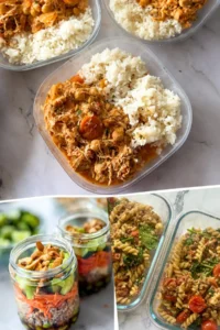 A collage of meal prep containers with different anti-inflammatory meals like edamame and cashew crunch jars, feta pasta with lentils and chicken with chickpeas.