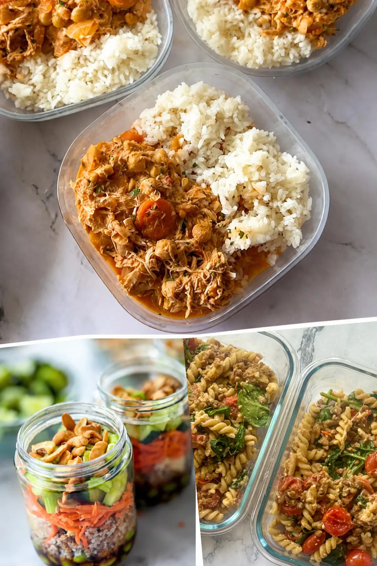 A collage of meal prep containers with different anti-inflammatory meals like edamame and cashew crunch jars, feta pasta with lentils and chicken with chickpeas.