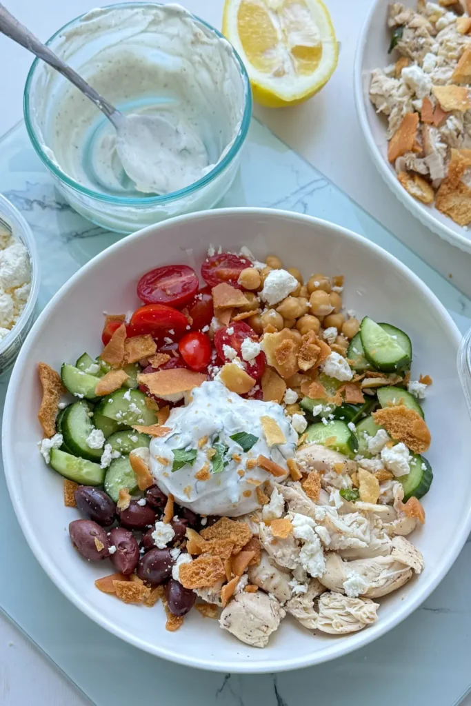 A fully assembled Greek chicken protein bowl topped with garlic yogurt on a counter next to a bowl of yogurt and a lemon wedge.
