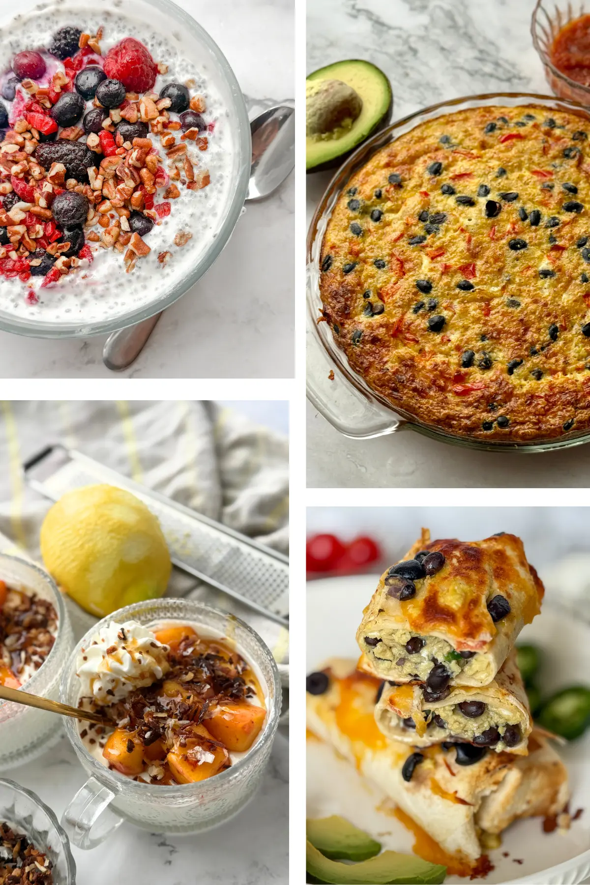 A collage of healthy, high protein breakfast like a quinoa breakfast bake, a breakfast burrito, a chia bowl and a yogurt bowl.