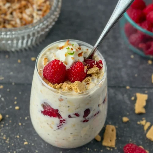 A glass of raspberry key lime pie overnight oats with a spoon in it on a counter next to toasted coconut flakes and a bowl of raspberries.