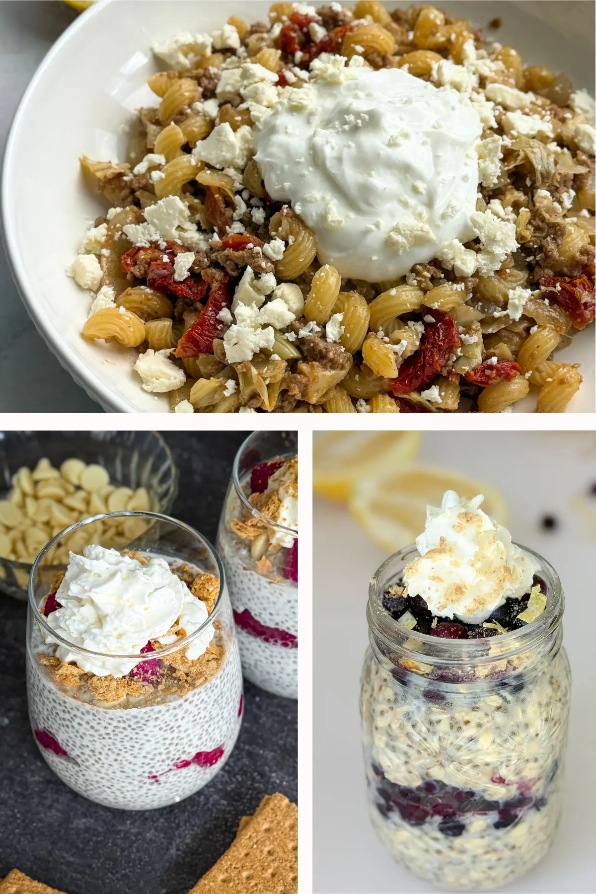 A collage of cheesecake chia pudding, yogurt overnight oats and feta pasta with yogurt on top.