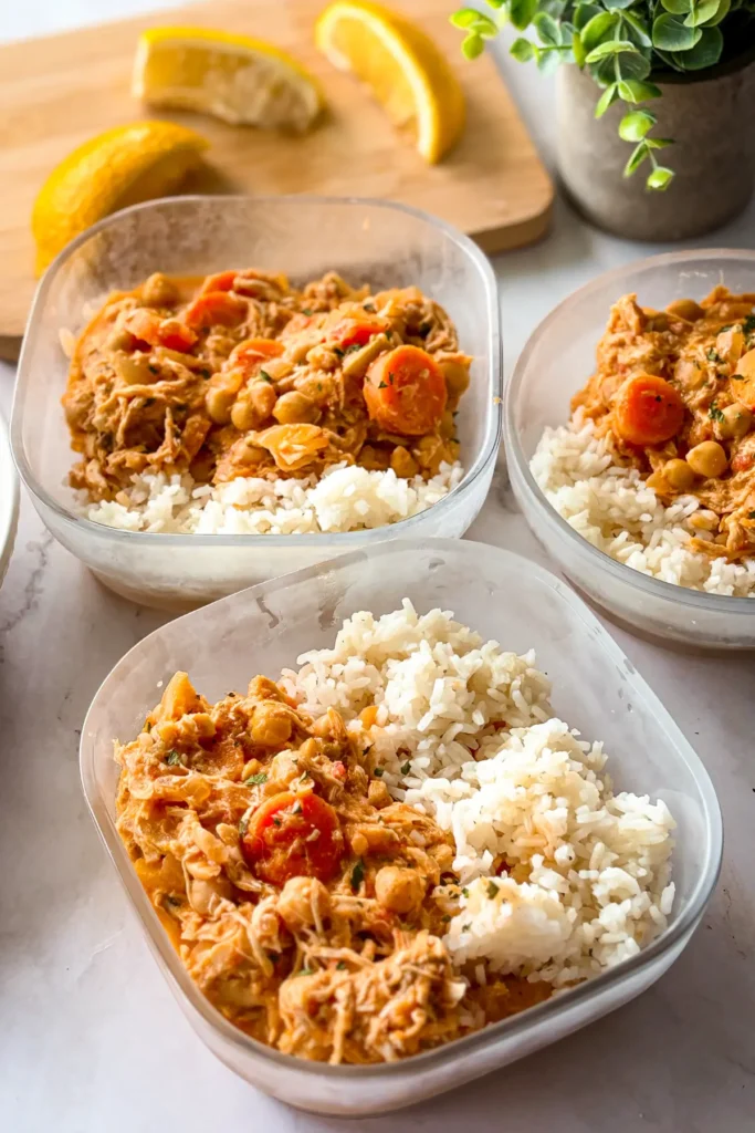 Three meal prep containers with rice and the shredded chicken coconut tomato mixture.