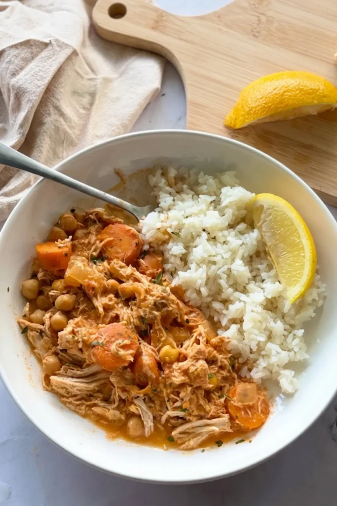 A birds-eye view of a white plate with the chicken mixture and rice on it on a table.