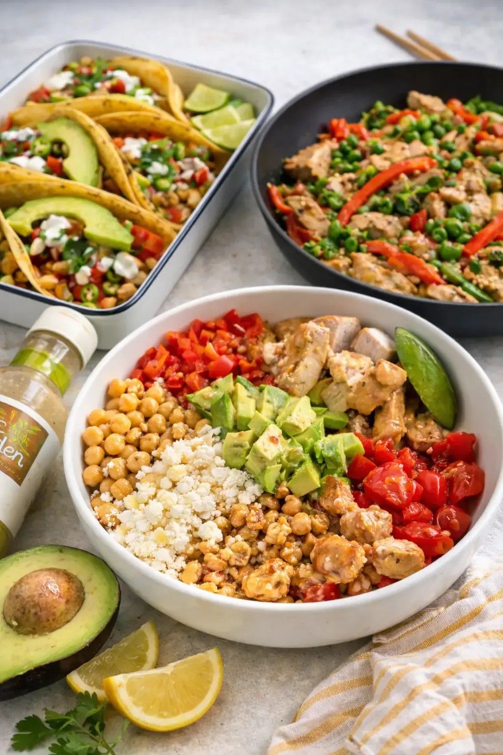 A bright white countertop with a bowl of Mediterranean chicken salad, a skillet with chicken stir fry, and a baking dish with tacos on it.