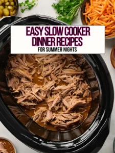 A birds-eye view of pulled pork in a slow cooker on a counter next to a bowl of carrots.