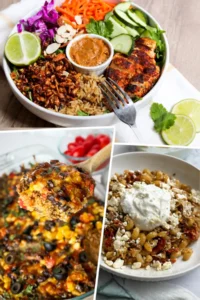 A colage of three high fiber dinner recipes.