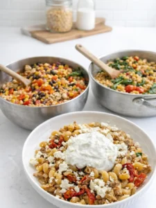 Three high fiber meals (feta pasta, dense bean salad, and lentil pasta) on a bright white counter in a kitchen.