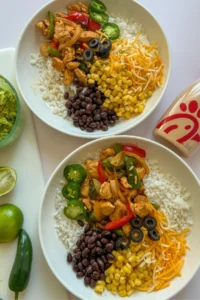 Two bowls being assembled with rice, beans, chicken, veggies, and corn on a table next to a cutting board and sauce.