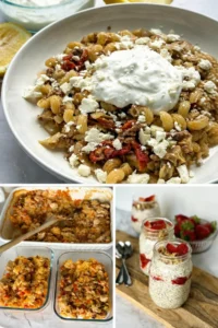 A big bowl of feta pasta, a coconut chicken casserole and berry cheesecake overnight oats collaged together.
