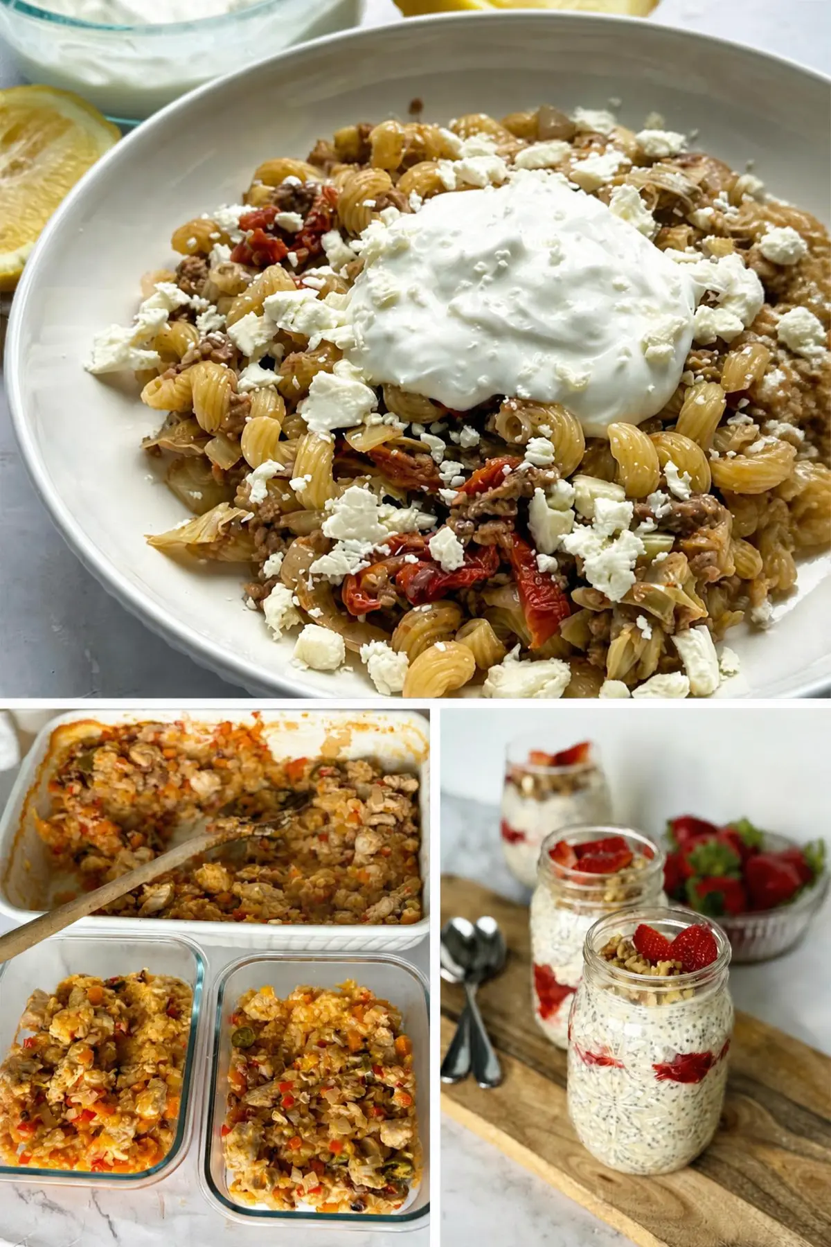 A big bowl of feta pasta, a coconut chicken casserole and berry cheesecake overnight oats collaged together.