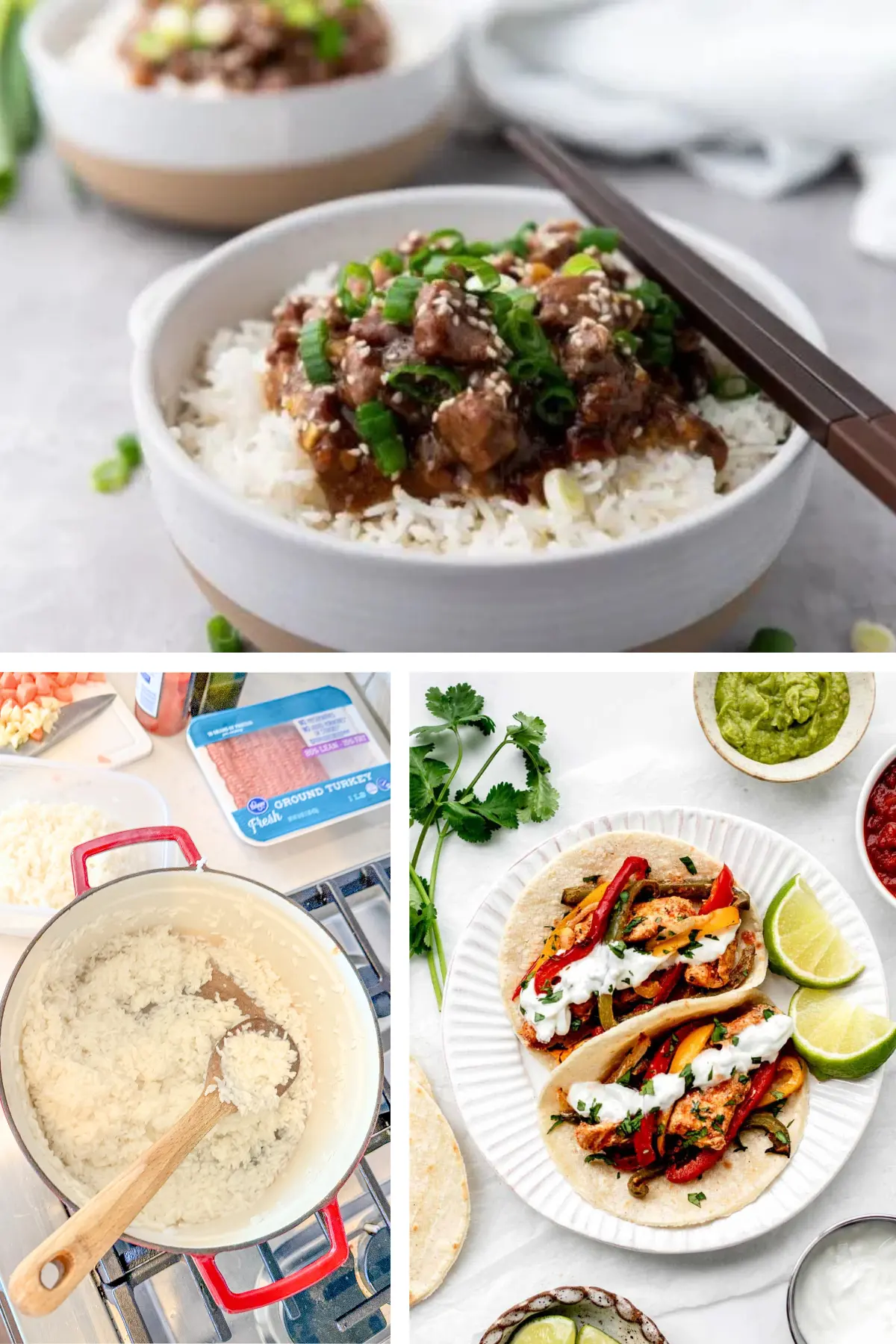A collage of freezer friendly meals: a beef stir-fry over rice, chicken fajitas, and a big pot of rice on the stove.