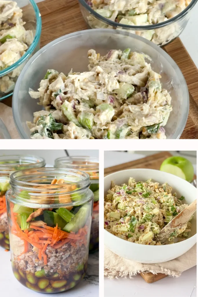 Three photos: meal prep chicken salad, edamame salad jars and a large bowl of honey mustard chicken salad.