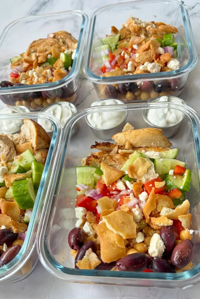 4 meal prep containers with Greek chicken, chickpeas, veggies and pita chips next to small containers of garlic yogurt.