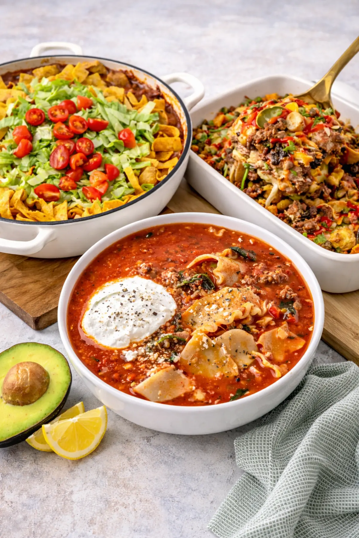 Three family-friendly dinners including taco casserole, lasagna soup, and a cheesy beef casserole served on a kitchen counter.