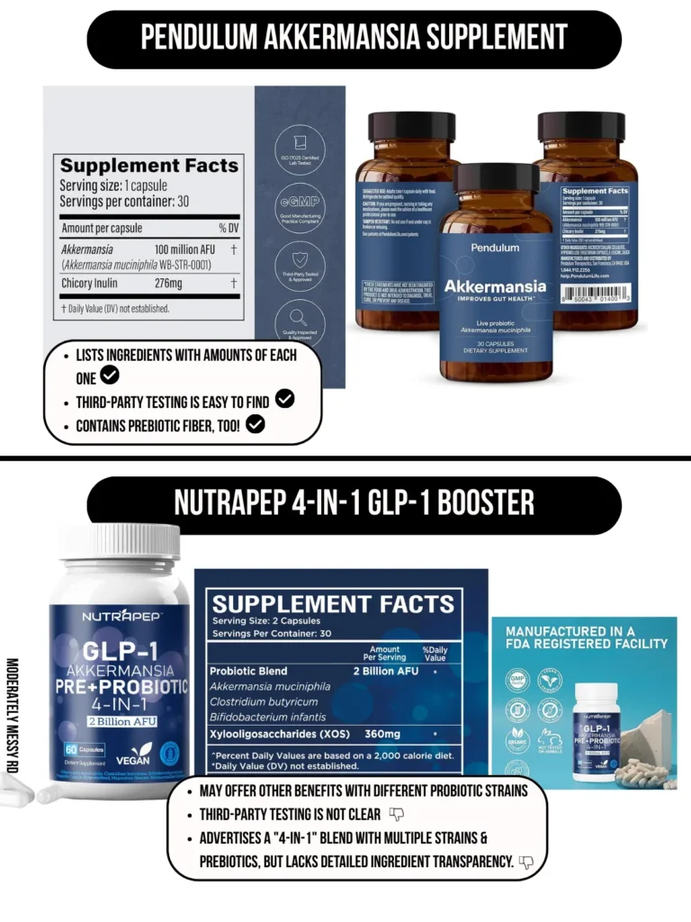 An infographic comparing two Akkermansia Muciphilia supplements with a list of pros and cons next to each one.