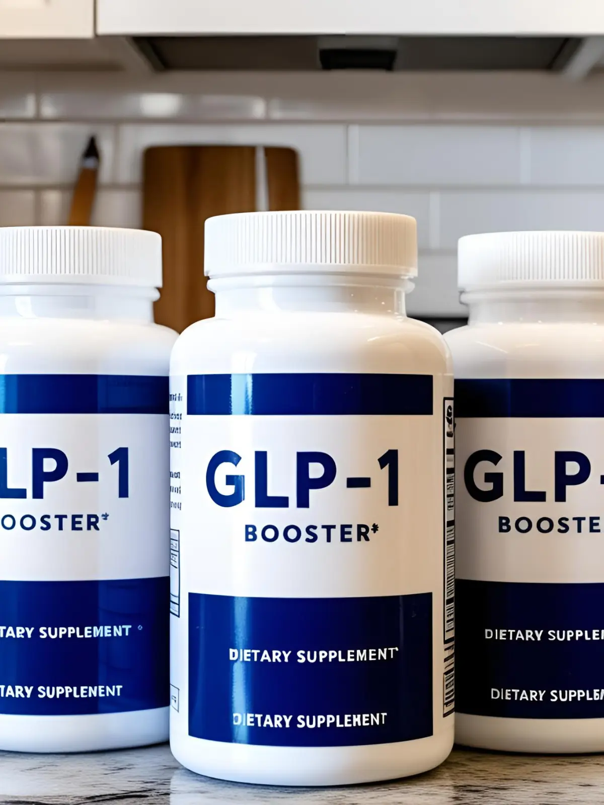 Three supplement bottles with the label "GLP-1 Booster" on them on a counter in the kitchen.