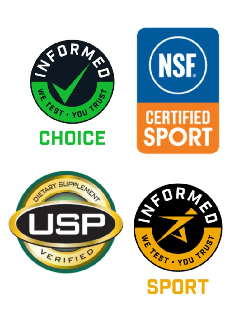 Four labels commonly seen on supplements to indiciate third-party testing: NSF, informed choice, USP and Informed Sport.