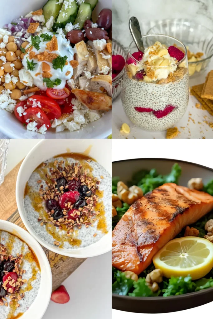 A collage of anti-inflammatory meals a Greek chicken bowl, chia pudding, a chia breakfast bowl, and a salmon and kale salad.
