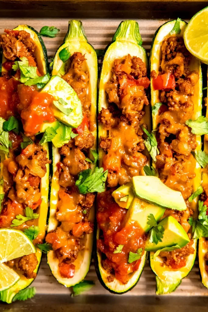 Fully assembled and baked zucchini taco boats on a sheet pan.
