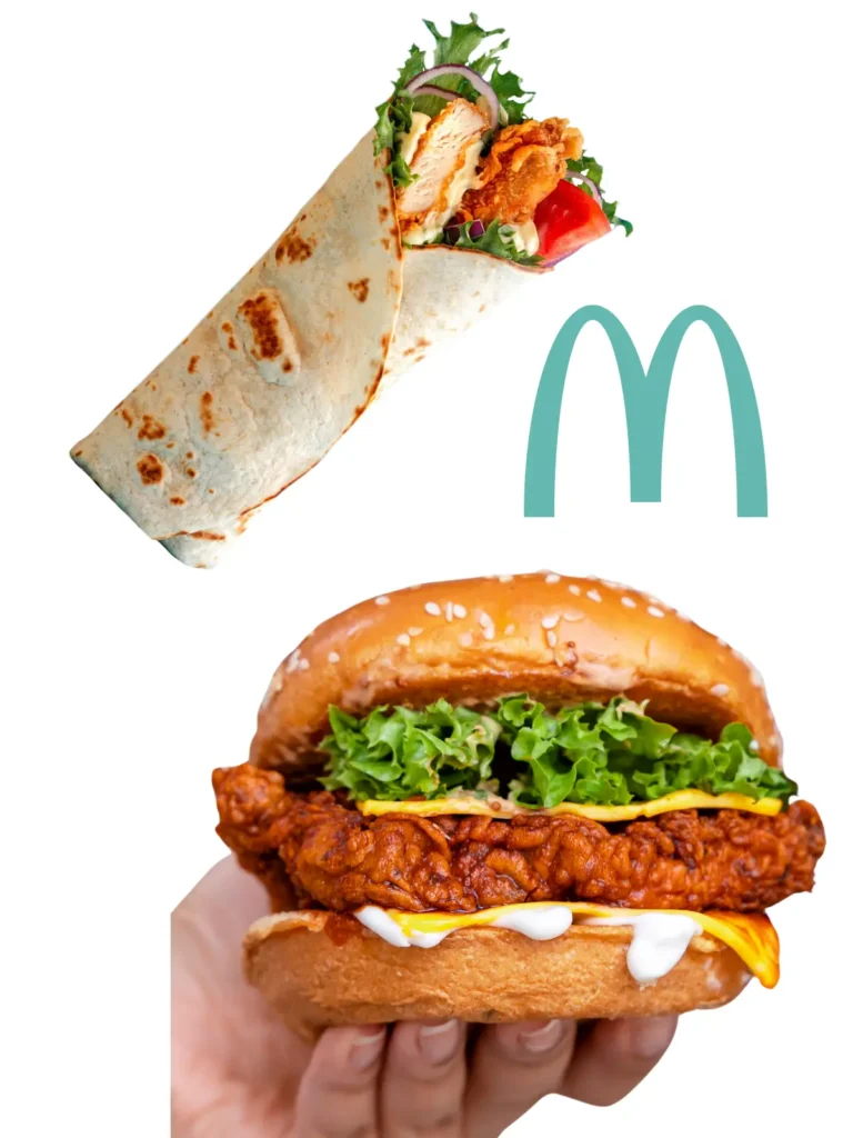 A collage of a McDonald's logo, a crispy chicken sandwich, and a grilled chicken wrap.