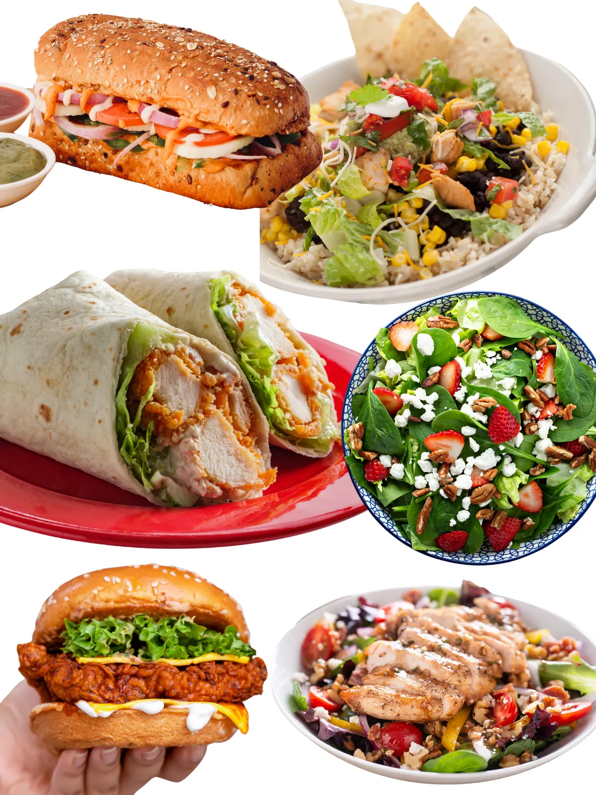 A collage of healthier fast food options like a chicken cantina bowl from Taco bell, someone holding up a crunchy chicken sandwich, and two salads.
