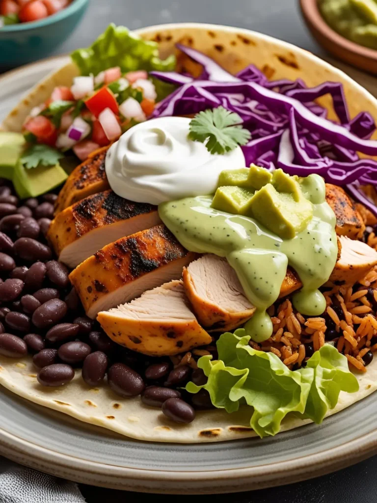 An image portraying the ingredients of a Taco Bell Chicken Cantina Bowl: slow-roasted chicken, seasoned rice, slow-simmered black beans, Avocado Ranch sauce, reduced-fat sour cream, lettuce, shredded purple cabbage, freshly prepared pico de gallo, and guacamole.