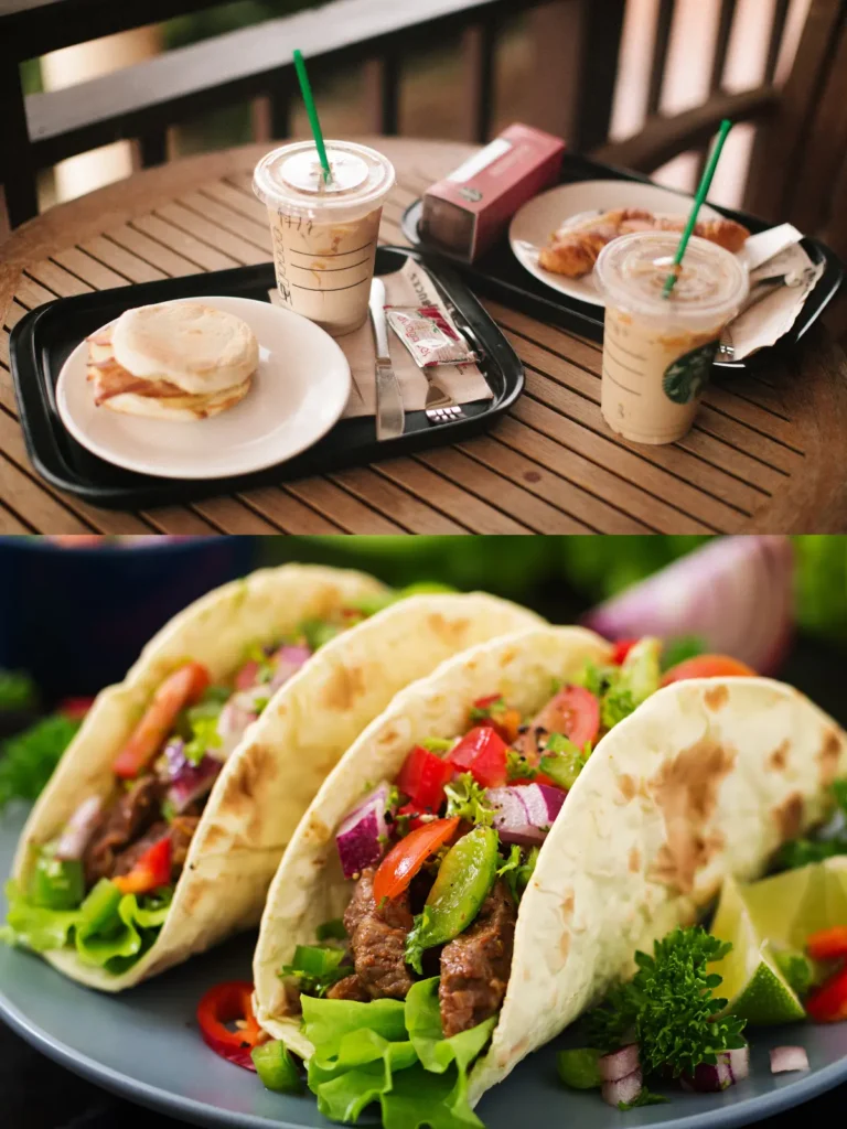 An image of a table at Starbucks with drinks on it above another image with two steak and vegetable tacos. 