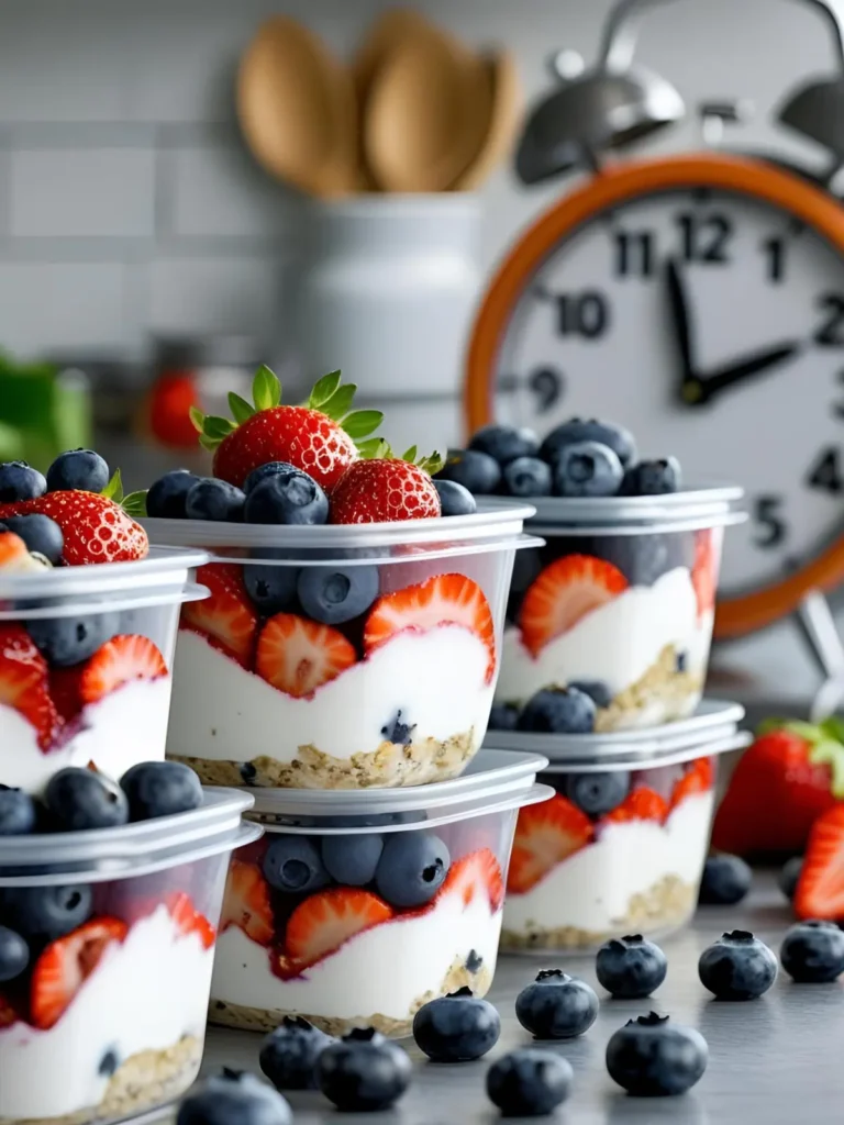 Yogurt parfaits on a counter in the kitchen next to a clock.