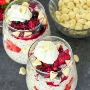 Two white chocolate pudding overnight oats in glasses topped with raspberries, white chocolate chips and whipped cream on a counter.