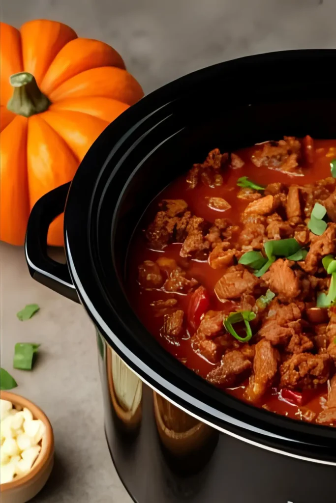 Chili in a slow cooker on a counter next to a pumpkin decoration.